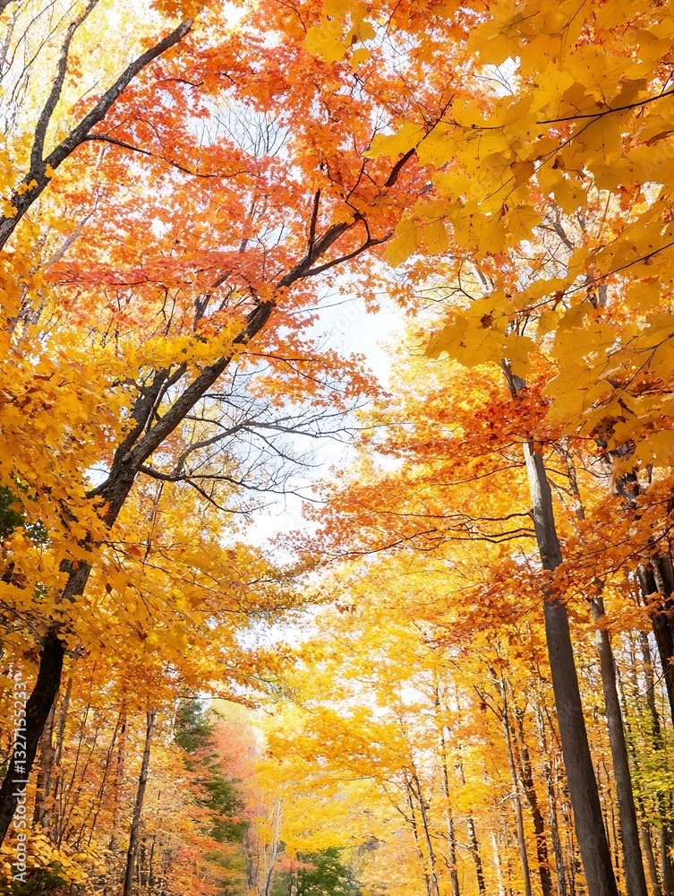 Poster stunning autumn landscape view featuring vibrant orange and yellow leaves on trees lining a path : g