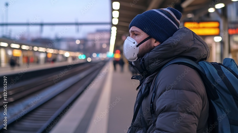 Aufkleber man wearing face mask stands at train station while waiting for ride during dusk : generative ai