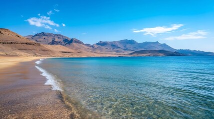 Stunning panoramic view of a tranquil beach surrounded by mountains under a clear blue sky : Generative AI