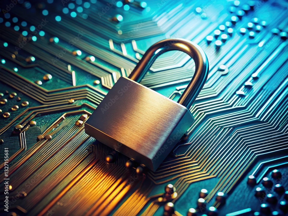 Poster minimalist digital security: padlock on circuit board - cybersecurity protection, data encryption, n