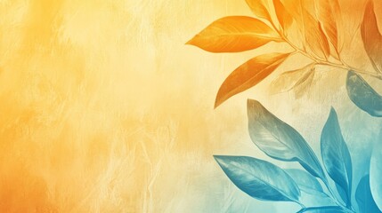 Naklejka premium A unique gradient background blending summer tones of beige yellow and blue with overlay textures of gold leaves and soft shadows