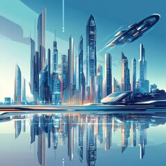 A futuristic city skyline reflecting in a smooth water surface