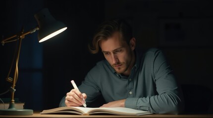 A European man studying late at night, highlighting text in a book, illuminated by a desk lamp in a dark room, focused and determined.