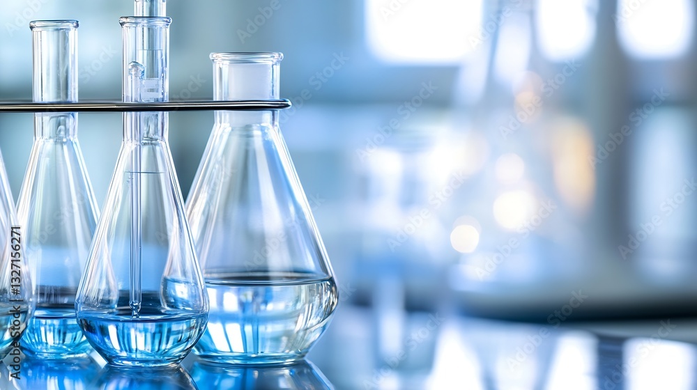 Poster laboratory glassware with clear liquid in flasks on a bright lab table with blurred backdrop : gener