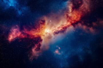 Obraz premium Vibrant cosmic display with orange and red nebula clouds drifting through a deep blue starfield, creating a majestic celestial panorama.