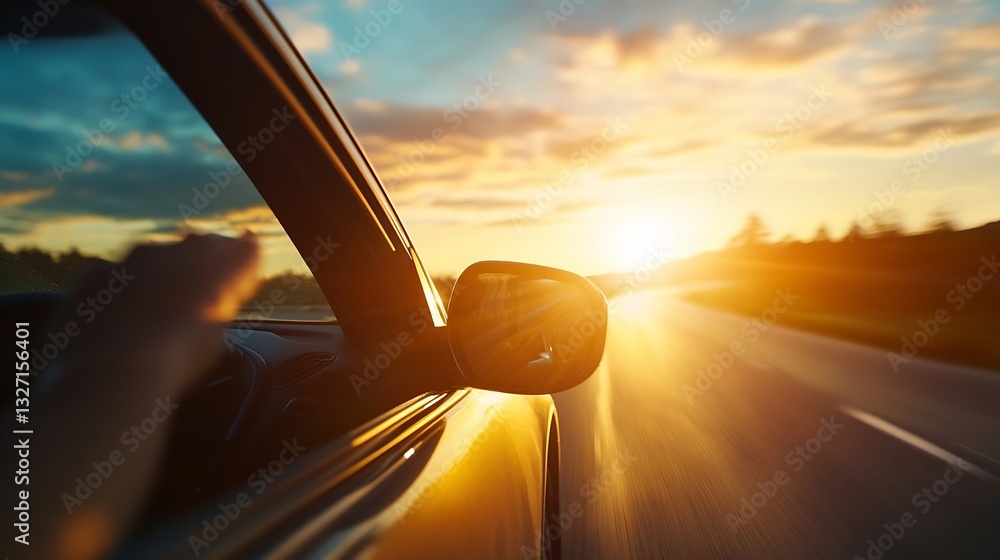 Poster dynamic shot of a car driving through picturesque landscape at sunset capturing motion and freedom :