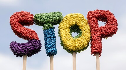 Colorful Textured Stop Sign Against a Bright Sky