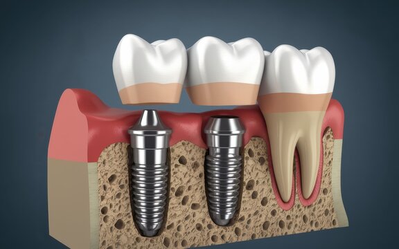 Dental Implant Bridge: A 3D Model Illustrating the Procedure of Replacing Missing Teeth with Implants and a Bridge