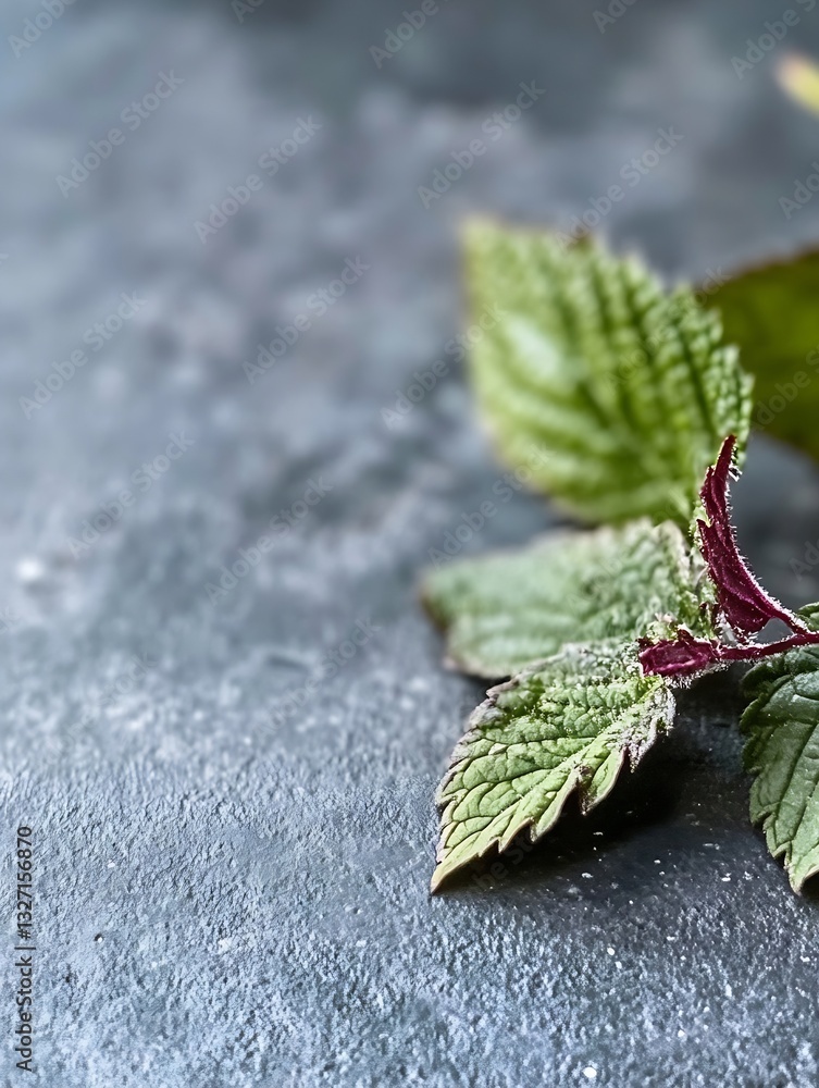 Poster captivating closeup of vibrant green mint leaves with a touch of frost on a textured surface : gener