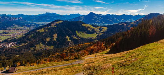 High resolution stitched alpine indian summer panorama with Mount Kitzbueheler Horn in the...