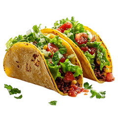 A Dynamic Shot of Tacos Bursting with Fresh Lettuce Isolated on Transparent Background
