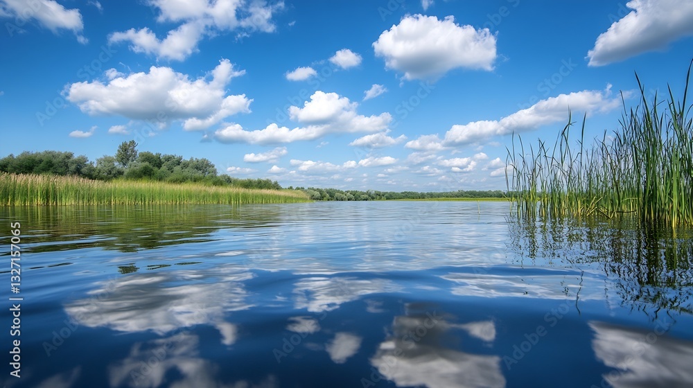 Poster stunning reflection of fluffy clouds on calm water surface in a natural setting : generative ai