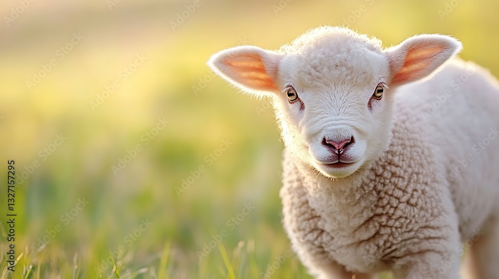 Poster charming closeup of a fluffy white lamb curiously standing in a green meadow under soft evening ligh