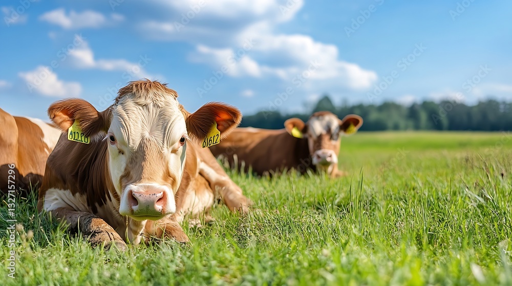 Poster two cows resting peacefully in a lush green field under a blue sky : generative ai