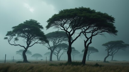 Obraz premium Strong winds bending trees against a stormy gray sky, dynamic and powerful natural scene.