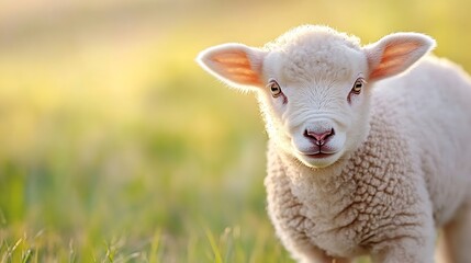 Obraz premium Charming closeup of a fluffy white lamb curiously standing in a green meadow under soft evening light : Generative AI