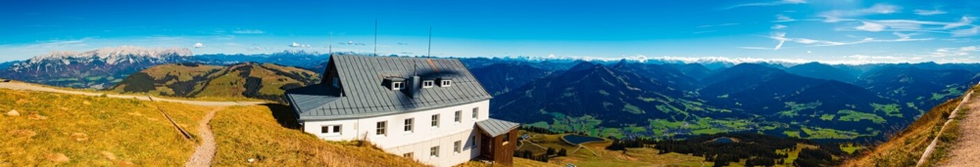 High resolution stitched alpine autumn or indian summer panorama at Mount Hohe Salve, Soell,...