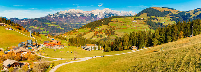 High resolution stitched alpine autumn or indian summer panorama at Mount Hohe Salve, Soell,...
