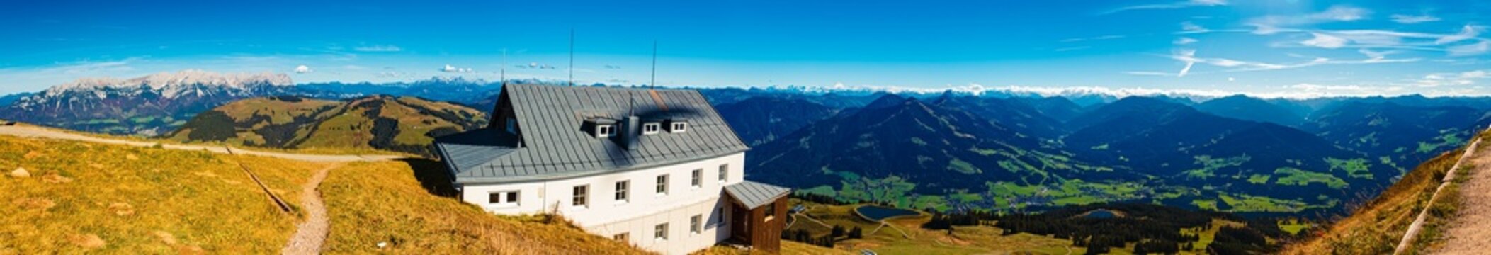 High resolution stitched alpine autumn or indian summer panorama at Mount Hohe Salve, Soell, Kufstein, Tyrol, Austria