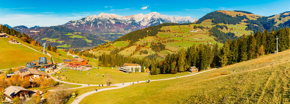High resolution stitched alpine autumn or indian summer panorama at Mount Hohe Salve, Soell, Kufstein, Tyrol, Austria