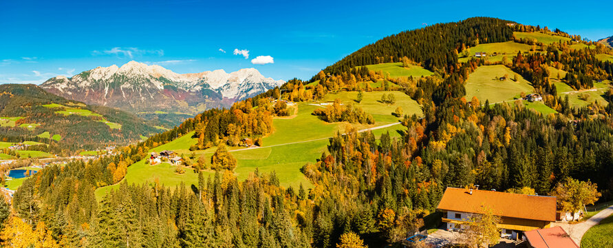 High resolution stitched alpine autumn or indian summer panorama at Mount Hohe Salve, Soell, Kufstein, Tyrol, Austria