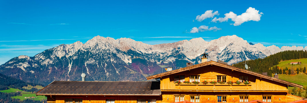 High resolution stitched alpine autumn or indian summer panorama at Mount Hohe Salve, Soell, Kufstein, Tyrol, Austria