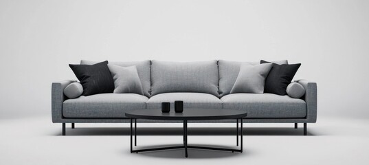 Modern grey sofa with black pillows and coffee table in minimalist room.