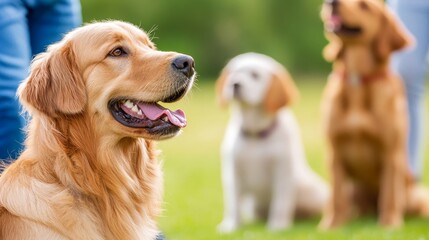 Happy golden retriever in a park, surrounded by other dogs and people enjoying the sunny day