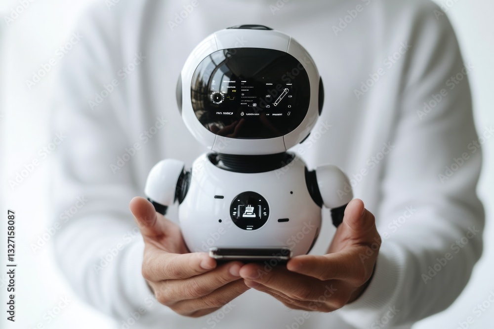 Poster a person holds a small robot in their hand, possibly showing fascination or curiosity