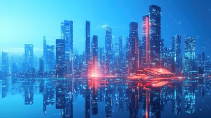 Fototapeta premium Illuminated cityscape with high rise buildings and water reflections