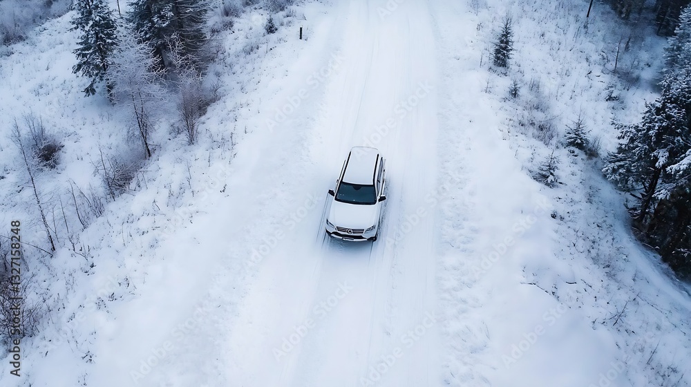 Poster aerial view of a white suv driving on a snowy road surrounded by winter wilderness and trees : gener