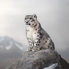 Fototapeta premium Majestic snow leopard sitting on mountain rock, foggy background, wildlife conservation poster