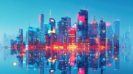 Fototapeta premium A futuristic cityscape with colorful lights reflected in water
