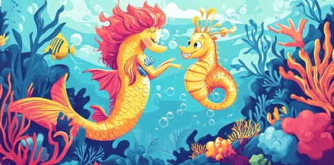 A mermaid and seahorse enjoy each other underwater friendship