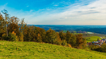 Fototapeta premium Autumn or indian summer view at Pilgramsberg, Rattiszell, Straubing-Bogen, Bavarian Forest, Bavaria, Germany