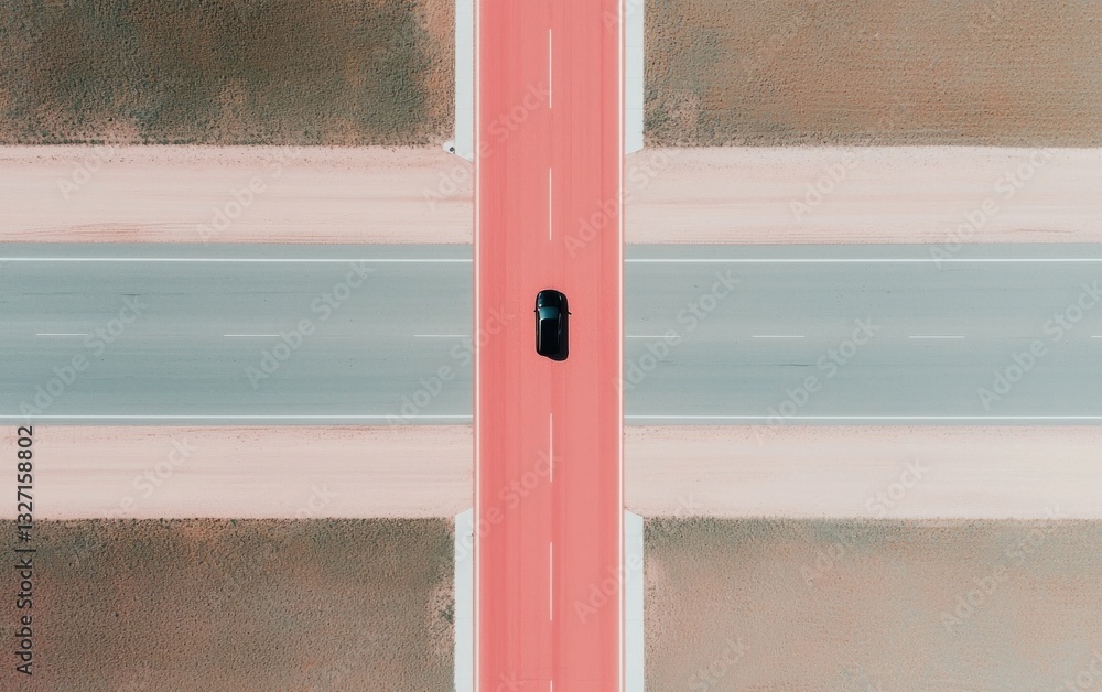 Poster aerial view of a person walking on a pink road intersecting with gray roads, surrounded by brown and