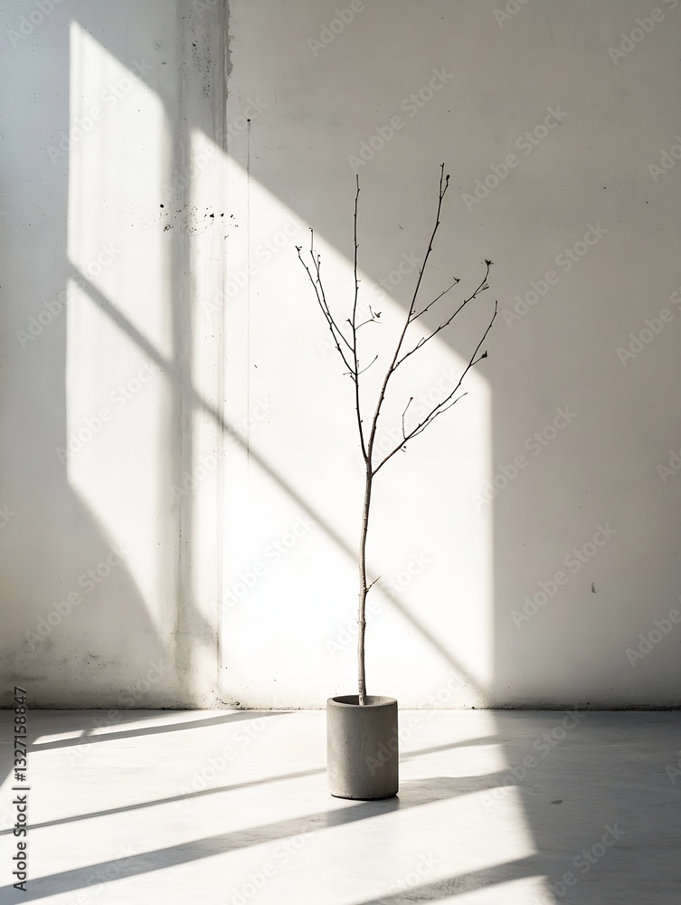 Leinwandbilder minimalistic image of a barren tree in a cement pot casting shadows on a light background : generati