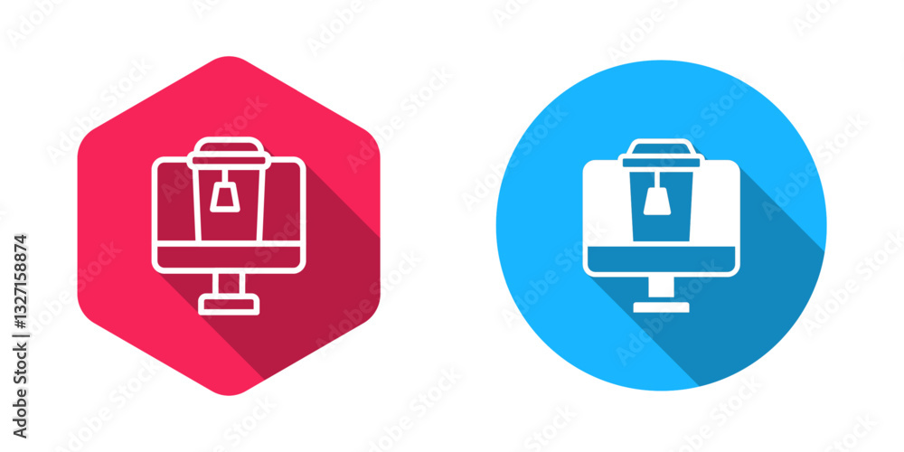 Poster filled and outline online ordering and fast food delivery icon isolated with long shadow background.