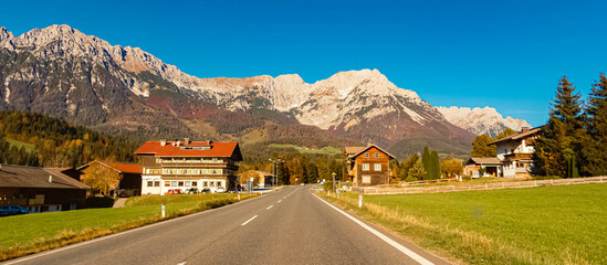 Alpine autumn or indian summer view with the Wilder Kaiser mountains in the background near Scheffau, Kufstein, Tyrol, Austria