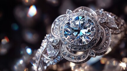 Fototapeta premium A close-up of a diamond engagement ring with intricate detailing, luxury concept