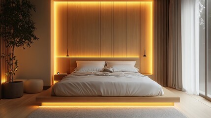 In a minimalist bedroom with crisp white linens and wooden accents, ambient lighting is voice-controlled.
