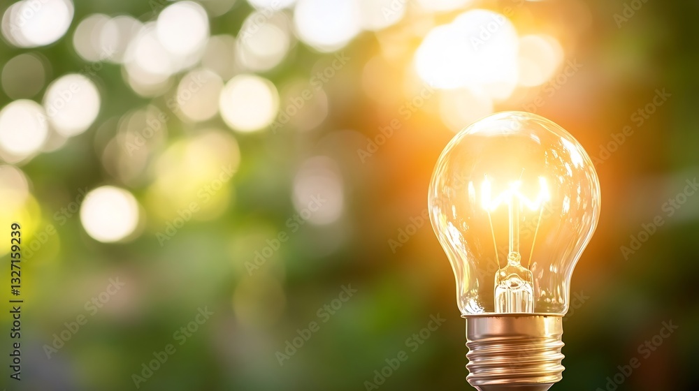 Poster glowing light bulb illuminating natural bokeh background representing creativity and innovation in a