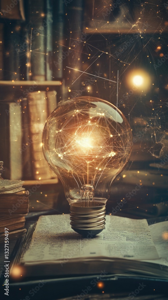 Poster a light bulb sits on top of an open book, providing a warm glow