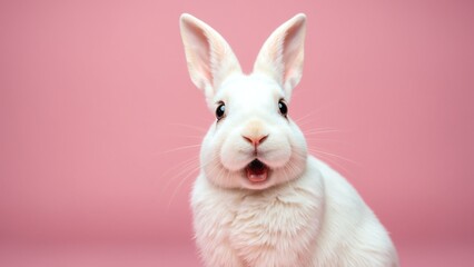 Obraz premium Portrait of a white cute rabbit with surprised expression on a pink background, surprised looking rabbit