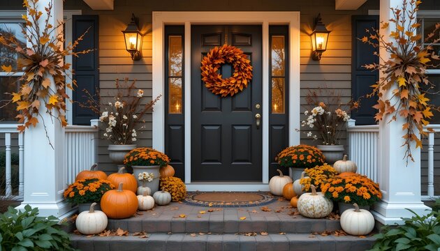 Welcoming Front Porch Decorated with Pumpkins, Fall Leaves, and Festive Wreath, Evoking the Warmth of Autumn, Seasonal Home Decor, and the Cozy Atmosphere of Holiday Gatherings and Family Time								