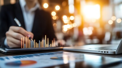 Professional analyzing data on a digital tablet with colorful graphs and charts in a modern office setting : Generative AI