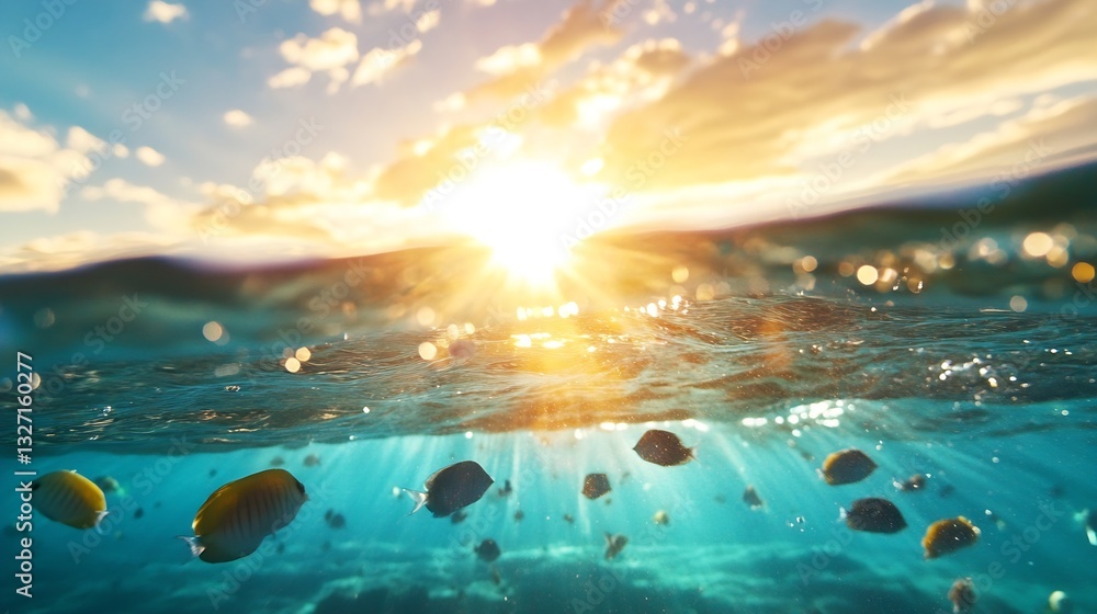 Poster beneath the ocean waves vibrant fish and sunlight create a captivating seascape : generative ai