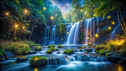 Moonlit Waterfall Dreamscape: Firefly Magic & Mystical Serenity - Drone Photography