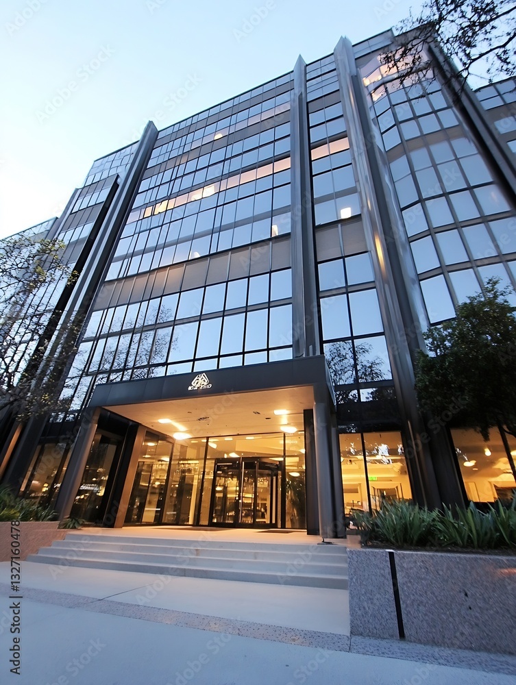 Poster modern glass front office building illuminated in the evening showcasing contemporary architecture :