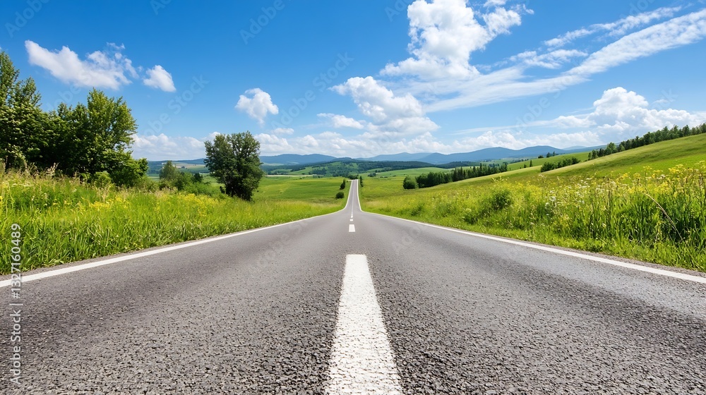 Aufkleber endless asphalt road stretching towards the horizon under a beautiful blue sky with fluffy clouds : 